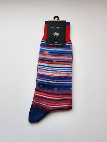 Bugatchi Men's Dress Socks - Blue/Red Stripes and Dots